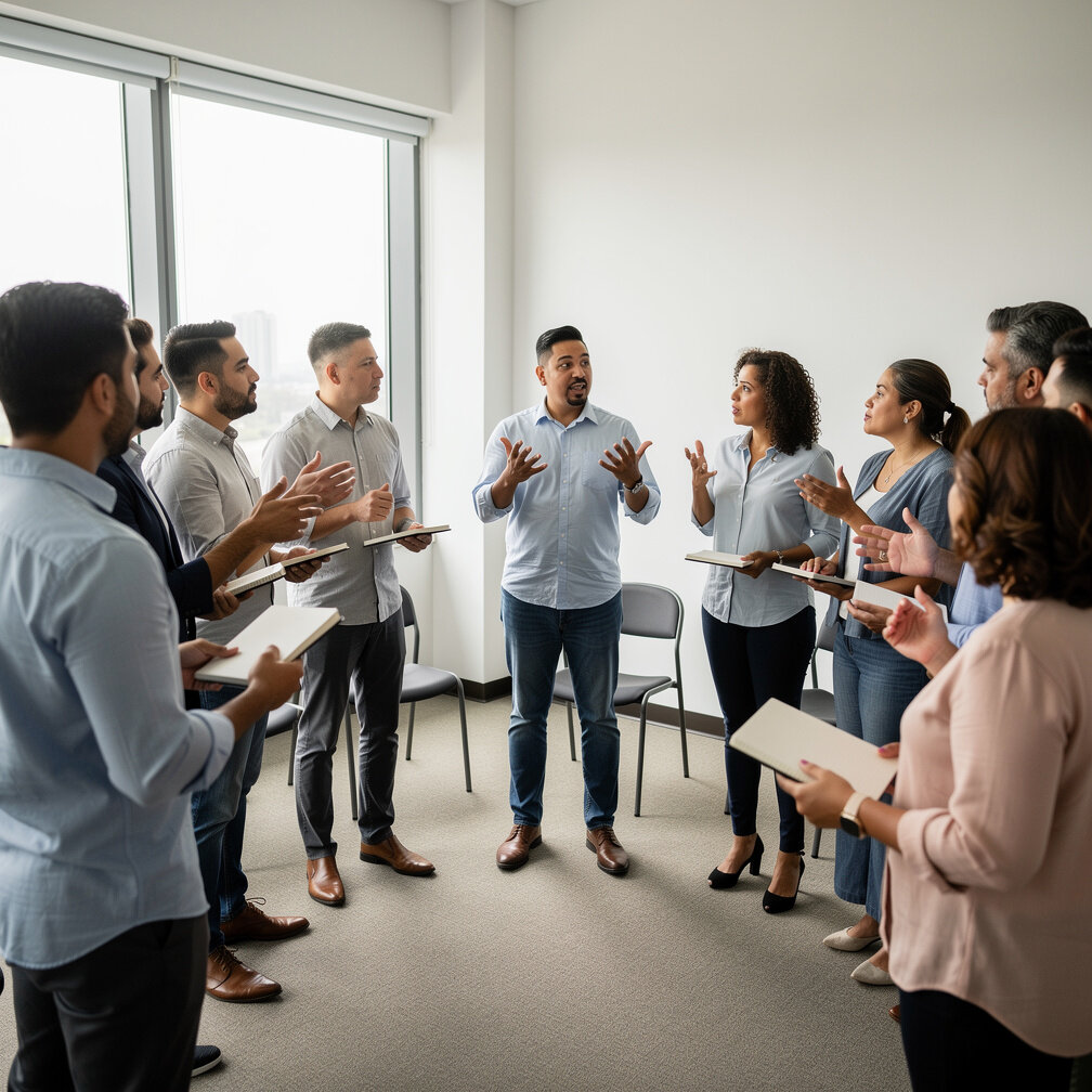 Group of people practicing public speaking together in a workshop