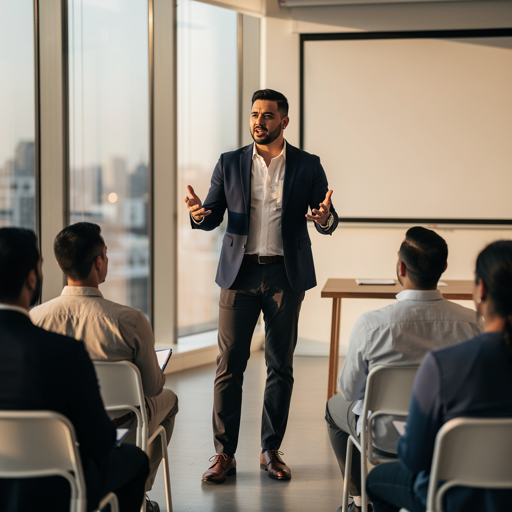 Man giving a speech confidently to an audience