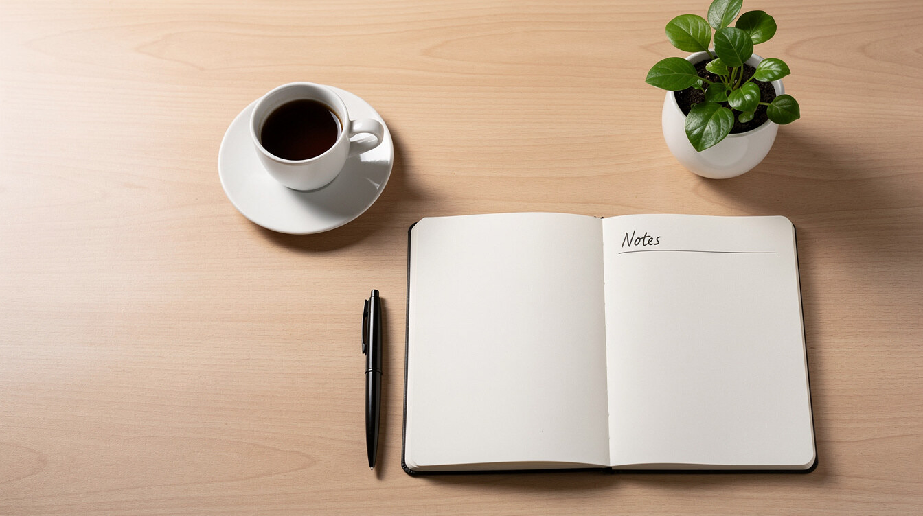 Notebook, pen and cup of coffee on a wooden desk
