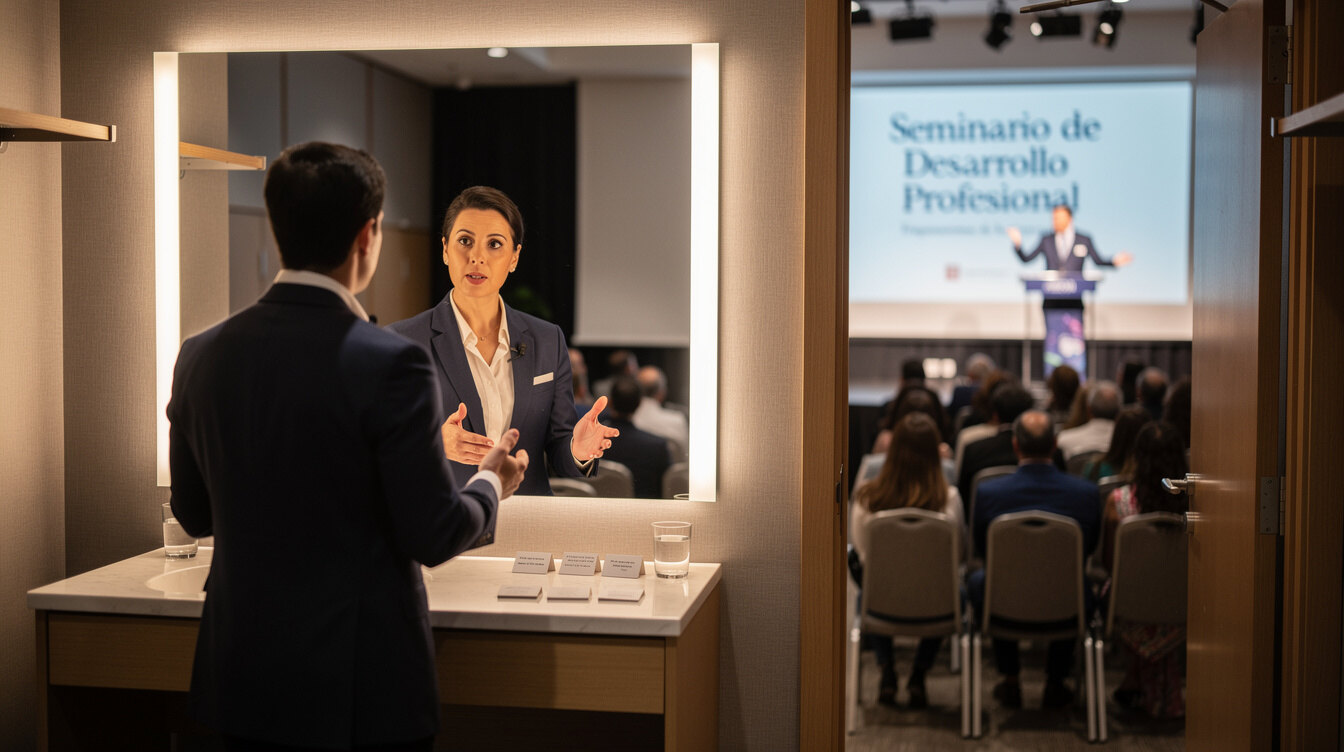 person practicing speech in mirror